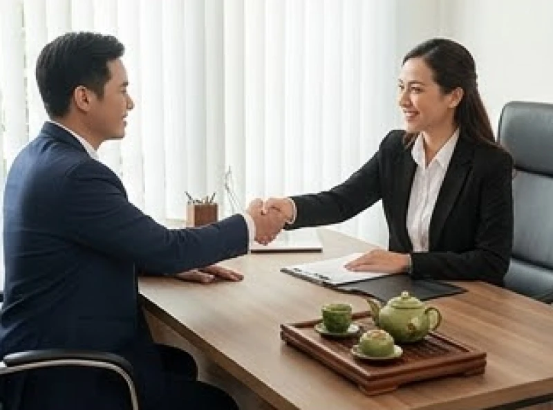 Tuổi Tỵ hợp tuổi nào: chuẩn nam nữ mạng và cách hóa giải 6 Hai doanh nhân đang vui vẻ bắt tay nhau bên cạnh khay trà sen truyền thống
