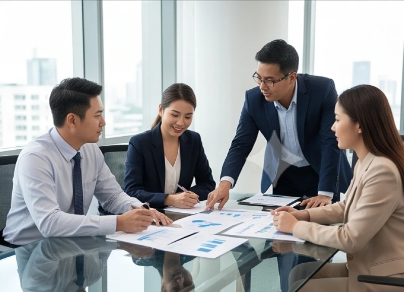 Nhóm lãnh đạo đang thảo luận sôi nổi và cùng nhau vạch ra chiến lược phát triển trên sa bàn
