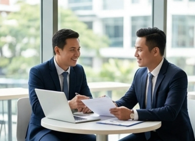 Tuổi Dậu hợp kinh doanh gì: Mô hình và vốn theo ngũ hành 10 Hai đối tác kinh doanh đang cùng nhau thảo luận kế hoạch làm ăn tại không gian chuyên nghiệp