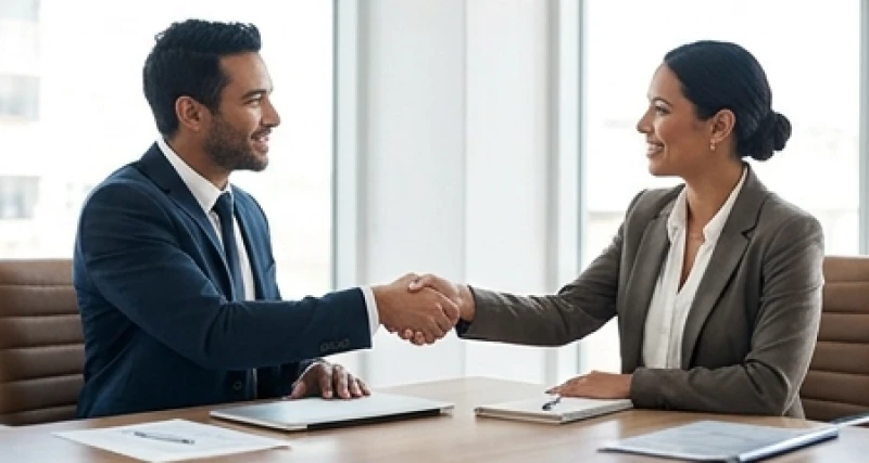 Hai người mặc vest chuyên nghiệp đang bắt tay chúc mừng sự hợp tác chiến lược giữa các đối tác hợp mệnh
