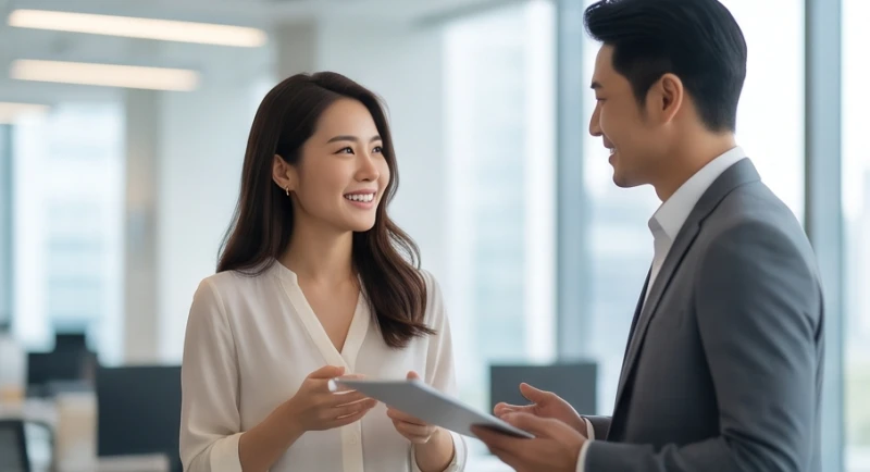 Mơ thấy trai đẹp: Điềm báo theo mối quan hệ và bộ số tài lộc 3 Một nữ nhân viên mỉm cười tự tin khi nhận được sự hỗ trợ từ người đồng nghiệp nam thanh lịch trong môi trường công sở