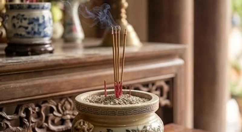 Văn khấn Quan Lớn Đệ Tam tại Đền Lảnh Giang: bài chuẩn, dễ nhớ 6 Bát nhang trên ban thờ với những nén hương đang cháy tàn dần