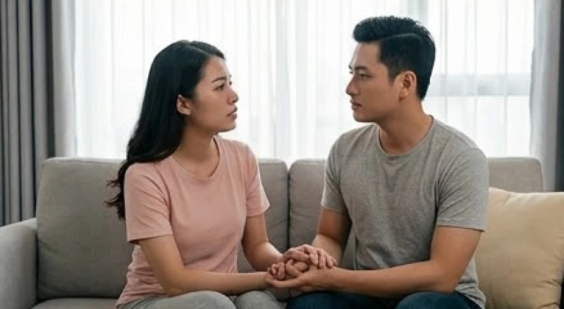 Cặp đôi đang ngồi cạnh nhau trên ghế sofa cùng nhau trò chuyện chân thành