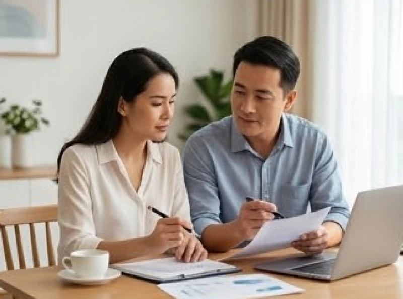 Hai người ngồi xem lại các hóa đơn và tài liệu tài chính với thái độ bình tĩnh và tôn trọng lẫn nhau