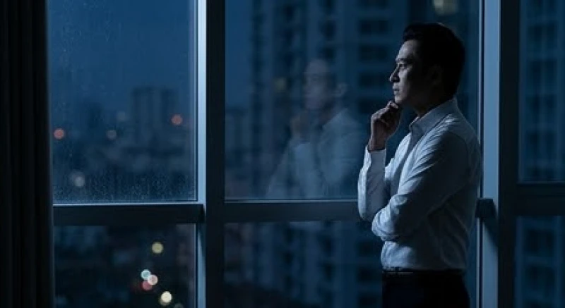 Nam doanh nhân chìm trong suy tư khi đứng nhìn ra cửa sổ văn phòng lúc tối trời