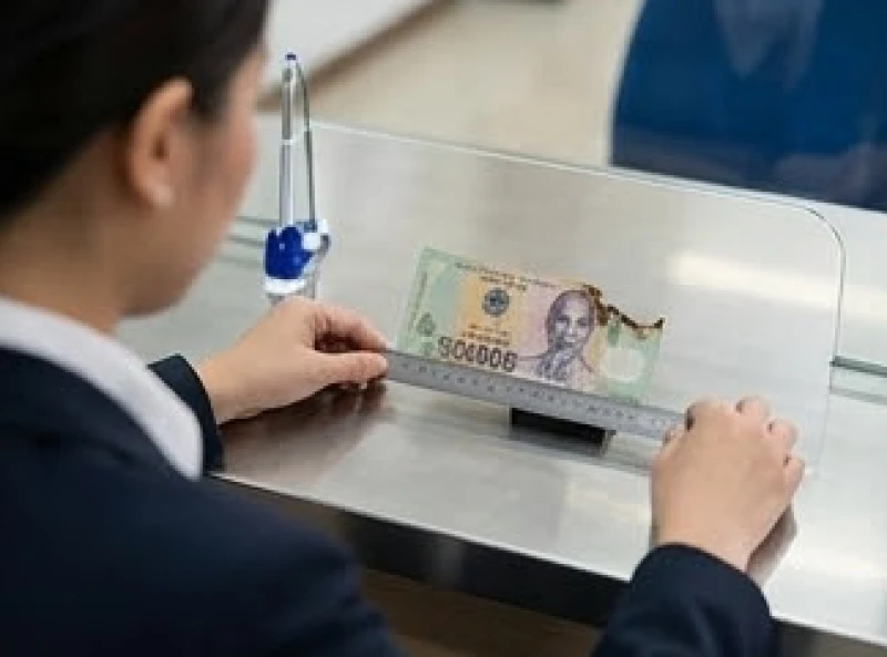 Mơ thấy tiền rách: Giải mã điềm báo, con số và cách hóa giải 9 Giao dịch viên ngân hàng dùng thước chuyên dụng đo đạc phần diện tích còn lại của tờ tiền bị cháy xém