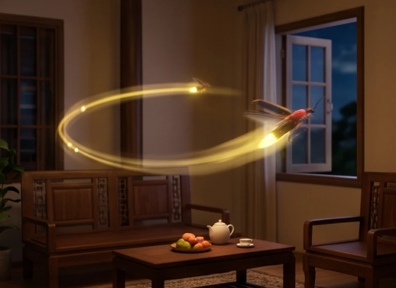 Đốm sáng nhỏ chao lượn một vòng quanh không gian phòng khách trước khi tự do thoát ra cửa sổ