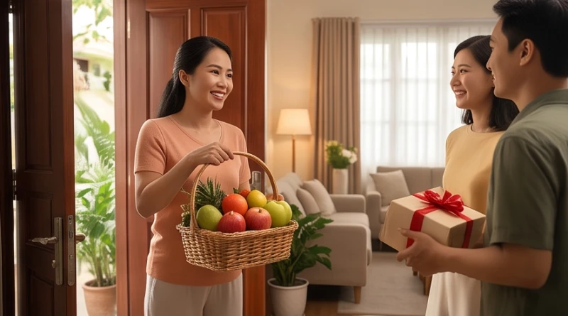 Bầu không khí nhộn nhịp khi chủ nhà hân hoan đón tiếp nhóm bạn mang theo trái cây và quà tặng