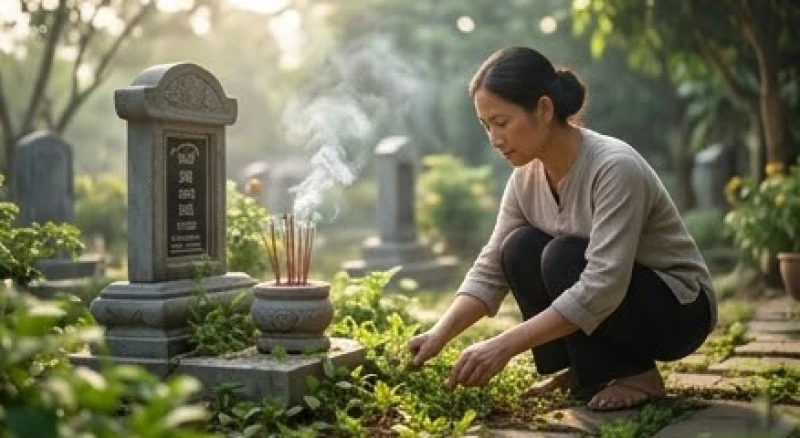 Khuôn viên phần mộ gia tiên được dọn dẹp cỏ dại sạch sẽ mang lại cảm giác bình yên và trang nghiêm