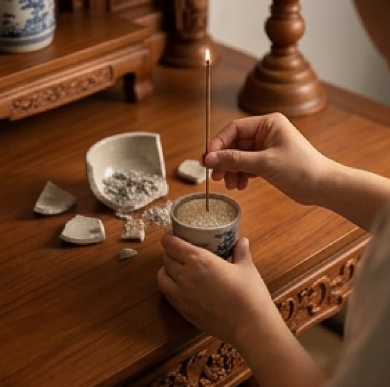 Bàn tay nhẹ nhàng dùng một chiếc cốc nhỏ đựng gạo cắm nhang tạm thời trước khi dọn dẹp mảnh vỡ