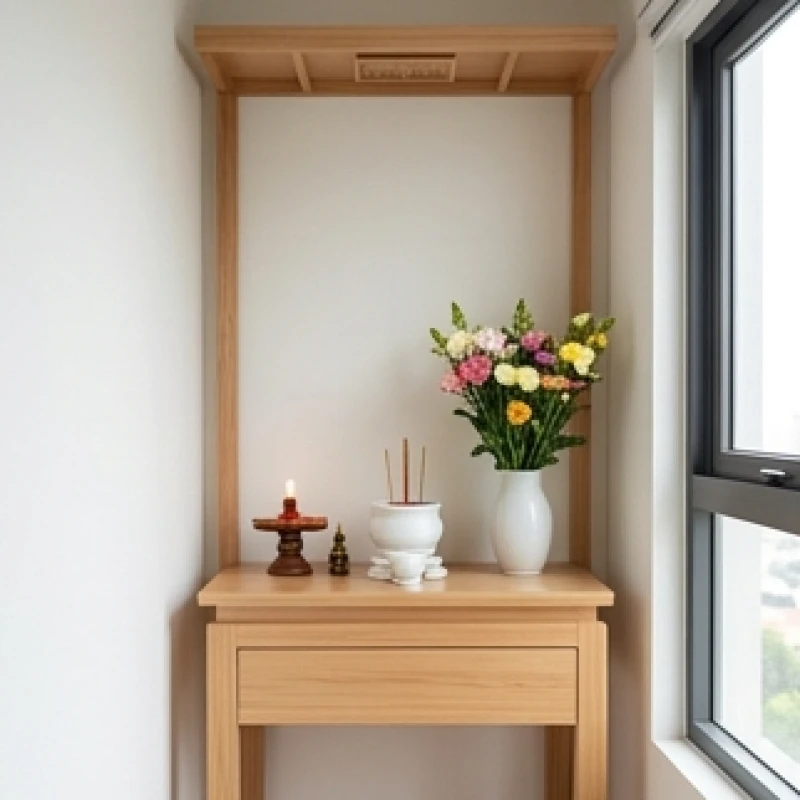 Bàn thờ gia tiên hoặc góc dâng lễ được lau chùi sạch sẽ, cao ráo, hoàn toàn tách biệt khỏi khu vực bếp núc lộn xộn