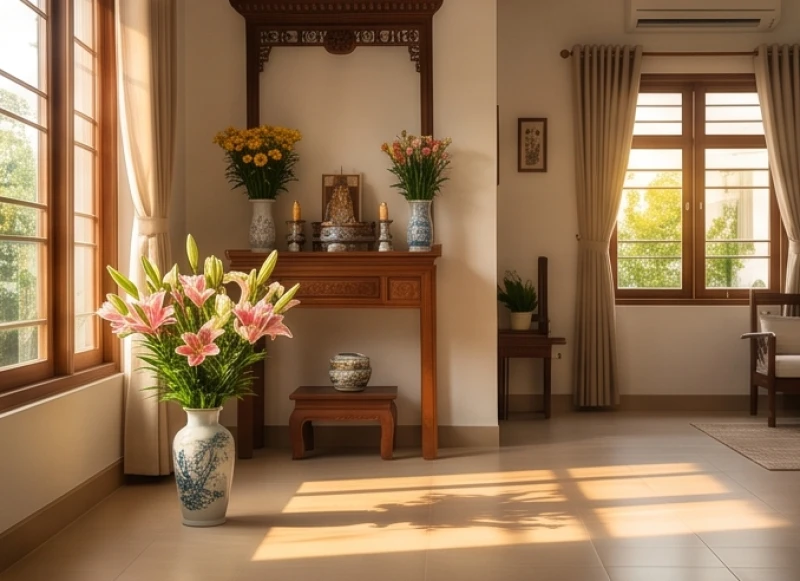 Không gian phòng khách gọn gàng cùng khu vực bàn thờ được lau dọn sạch sẽ
