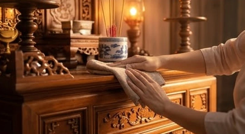 Mơ thấy bà nội đã mất hiện về: Điềm báo và lễ cúng cầu an 3 Người cháu đang cẩn thận dùng khăn sạch lau dọn bát hương và sắp xếp lại không gian bàn thờ gia tiên thật trang nghiêm
