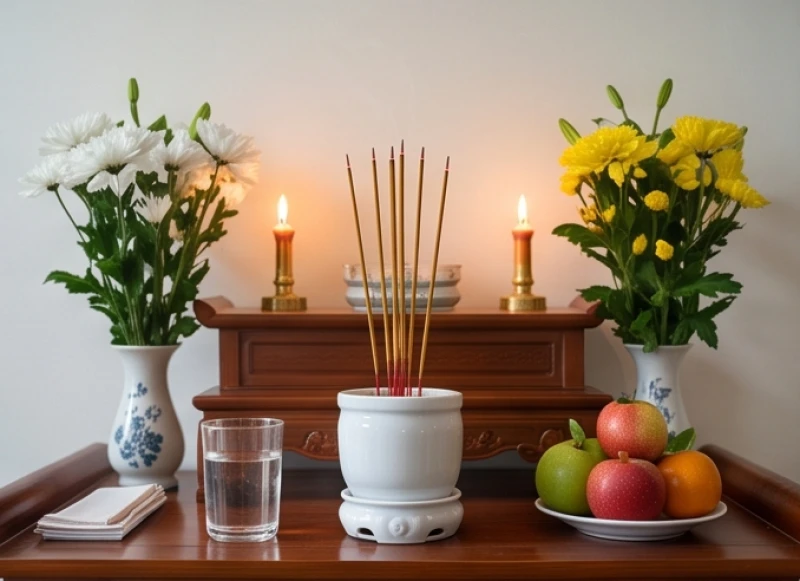 Bàn thờ gia tiên ấm cúng với những nén nhang cháy dở và tách trà thanh tịnh