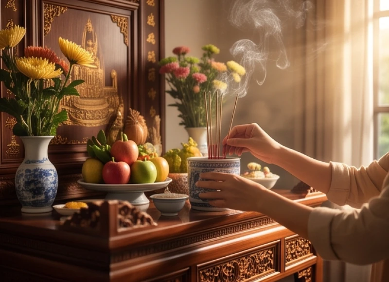 Đôi bàn tay cẩn thận lau chùi và sắp xếp lại các vật phẩm trên bàn thờ gia tiên truyền thống
