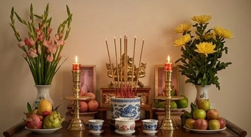 Không gian bàn thờ gia tiên trang nghiêm với nén nhang đang cháy và hoa tươi