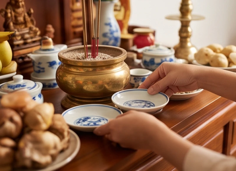 Lời tạ lễ sau khi cúng: Bài khấn chuẩn và trình tự hạ lễ 6 Thao tác khéo léo luồn tay nhấc đồ cúng để tuyệt đối không làm xê dịch bát hương trung tâm khi tạ lễ