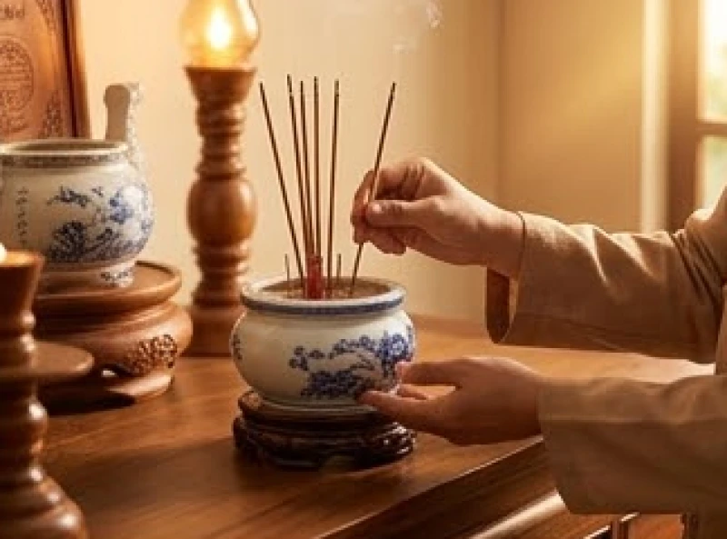 Gia chủ dùng khăn sạch và cẩn thận rút từng chân nhang cũ trên bàn thờ để chuẩn bị thay mới