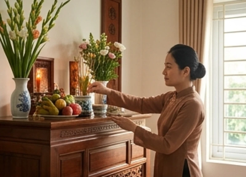 Văn khấn gia tiên Tết Trung Thu chuẩn và cách bày mâm lễ 2 Người phụ nữ cẩn thận lau dọn và bày biện hoa tươi trên bàn thờ gia tiên trước lễ cúng rằm