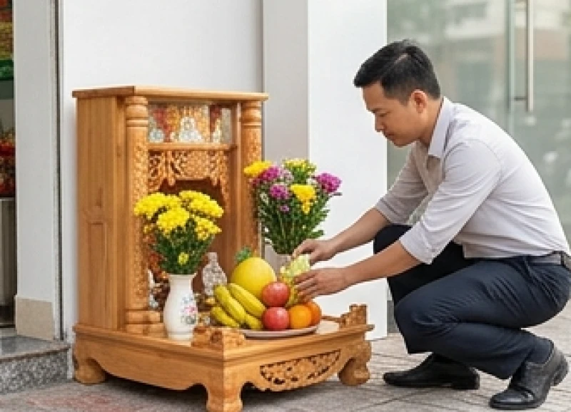 Văn khấn mùng 1 tại cửa hàng: Bài cúng chuẩn & quy trình xin lộc 1 Chủ cửa hàng lau dọn sạch sẽ và bày biện hoa quả tươi lên bàn thờ Thần Tài Thổ Địa