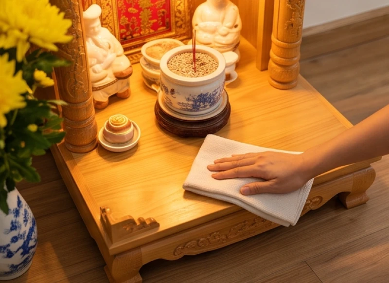 Người đứng lễ dùng khăn sạch lau dọn cẩn thận khu vực bàn thờ Thần Tài trước khi lên hương