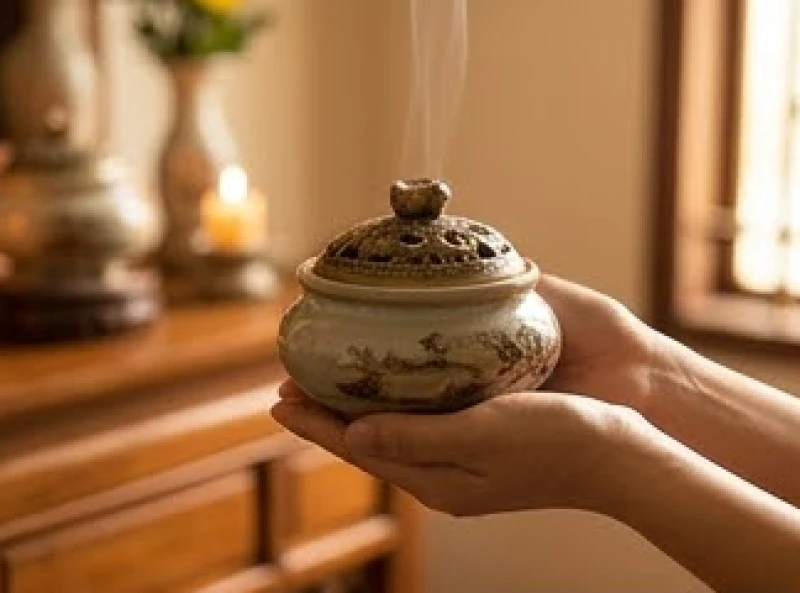 Bát hương bằng gốm sứ cũ được hạ xuống một cách cẩn thận trong không gian thờ cúng thanh tịnh