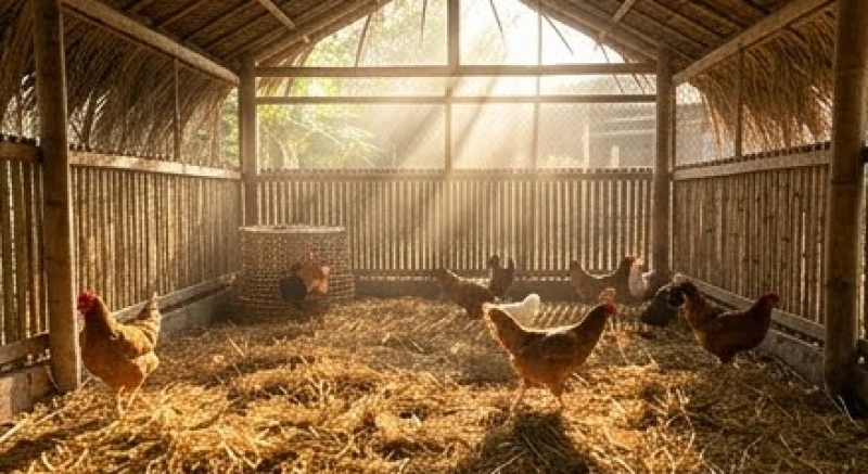 Văn khấn cúng chuồng gà: Cách sắm lễ và bài khấn chuẩn nhất 2 Không gian chuồng gà sạch sẽ và thông thoáng trong buổi sáng sớm với những vạt nắng rọi qua mái che