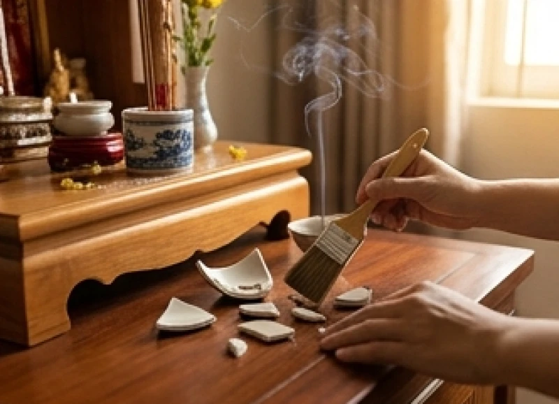 Gia chủ cẩn thận dùng chổi nhỏ thu gom các mảnh vỡ trên ban thờ trước khi thắp nhang tạ lỗi