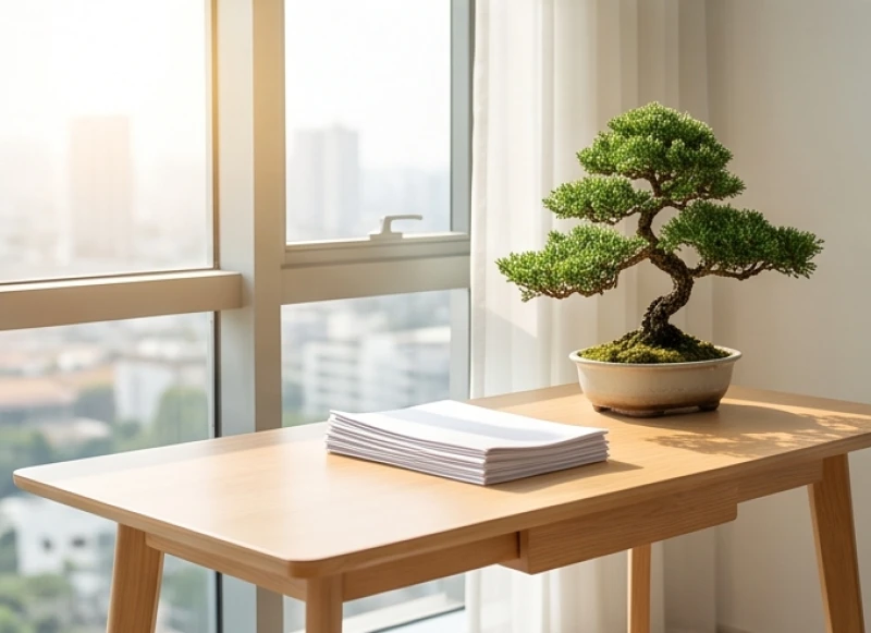 Căn phòng làm việc gọn gàng ngập tràn ánh sáng giúp xua tan trọc khí và thanh lọc tâm trí hiệu quả