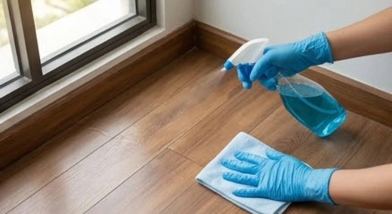 Mèo đen vào nhà là điềm gì? Tốt hay xấu và cách xử lý an toàn 5 Bàn tay đeo găng y tế đang cầm chai dung dịch xịt khuẩn và khăn sạch để lau dọn vệ sinh góc gầm tủ