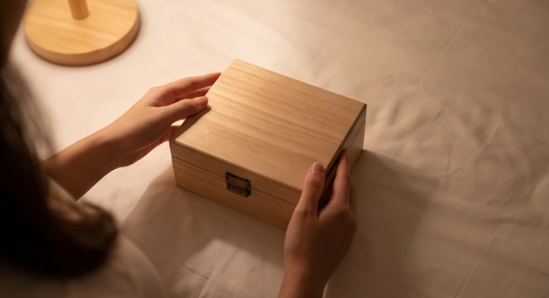 Một chiếc hộp nhỏ đựng kỷ niệm được gấp gọn lại để giải phóng năng lượng quá khứ trong phòng ngủ.