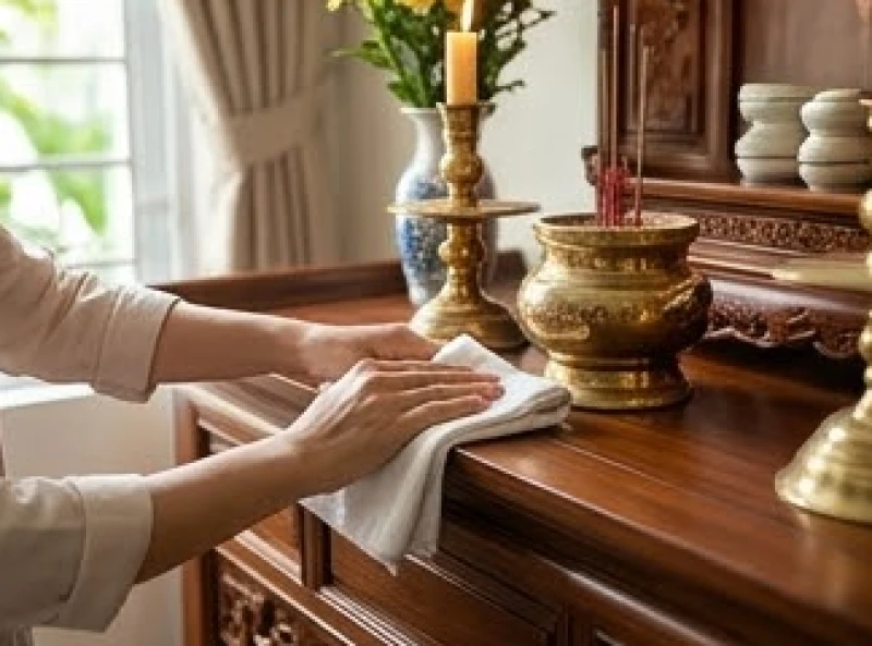 Đôi bàn tay cẩn thận dùng khăn sạch lau chùi đồ vật trang nghiêm trên bàn thờ gia đình
