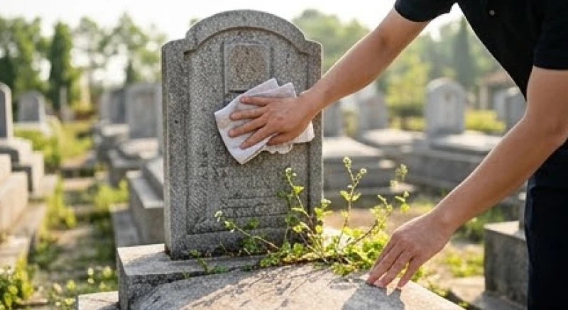 Con cháu cẩn thận lau dọn và nhổ cỏ xung quanh phần mộ trước khi bày mâm cúng