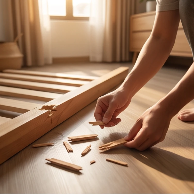 Gia chủ dọn dẹp cẩn thận các mảnh vỡ của chiếc giường gỗ bị gập gãy sập xuống mặt sàn