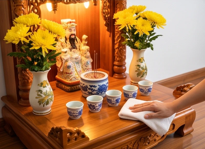 Không gian bàn thờ được lau dọn sạch sẽ với nước trong vắt và hoa tươi rực rỡ tỏa hương thơm ngát