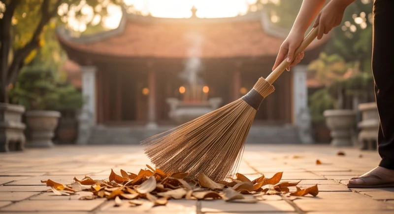 Người phụ nữ đang cần mẫn quét dọn lá vàng rơi xung quanh khu vực sân của đền miếu