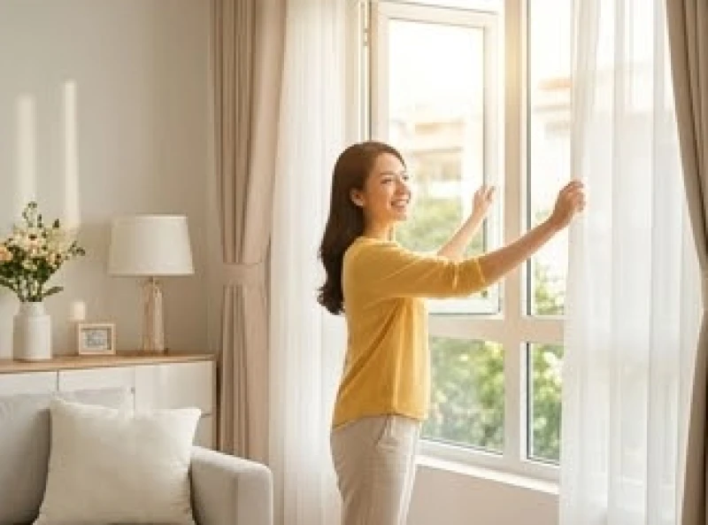 Người phụ nữ mở rộng khung cửa sổ phòng khách để đón ánh nắng sớm và luồng sinh khí