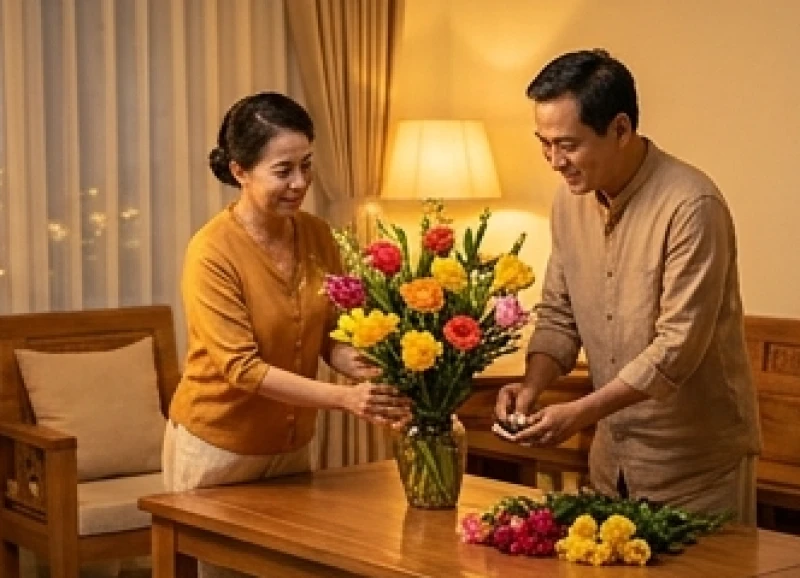 Tử vi tuổi Đinh Tỵ 1977 năm 2026: Lịch 12 tháng & mâm cúng 6 Vợ chồng cùng nhau cắm hoa và trang hoàng không gian phòng khách ấm cúng để chuẩn bị đón chào năm mới