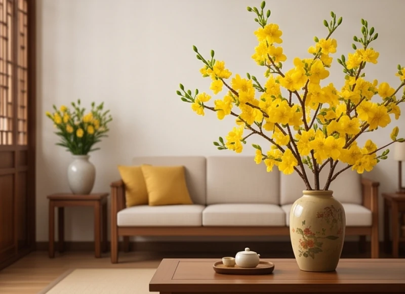Góc nhà truyền thống được lau dọn sạch sẽ với cành mai vàng rực rỡ chuẩn bị cho dịp tết nguyên đán