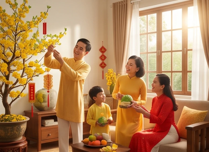 Tuổi Thìn kiêng gì trong ngày Tết: Chi tiết theo từng nạp âm 1 Gia đình Việt Nam trang hoàng nhà cửa bằng hoa mai và câu đối đỏ để xua đuổi vận xui