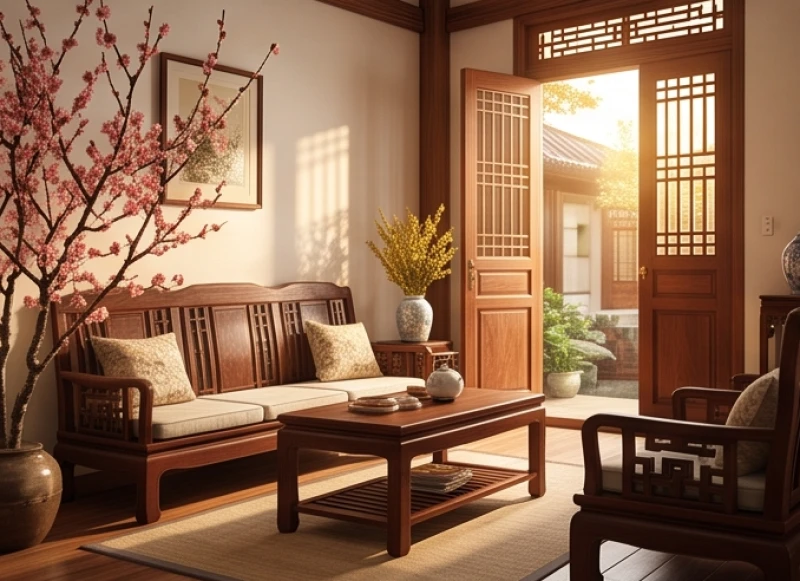 Không gian phòng khách truyền thống được dọn dẹp khang trang chuẩn bị đón dịp tết