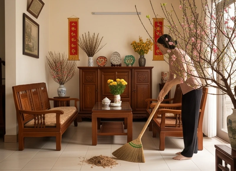 Không gian phòng khách ngày Tết được dọn dẹp khang trang đón năm mới