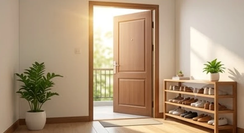 Khu vực cửa chính của ngôi nhà được dọn dẹp sạch sẽ, ngập tràn ánh nắng để đón luồng vượng khí mới