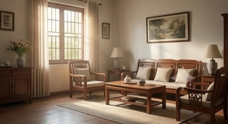 Không gian phòng khách bằng gỗ gọn gàng ngập ánh sáng tự nhiên sau khi dọn dẹp, giúp xua tan năng lượng âm trì trệ