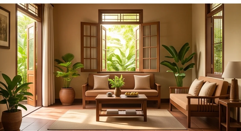 Không gian phòng khách gọn gàng ngập tràn ánh nắng tự nhiên giúp xua tan năng lượng tiêu cực tích tụ