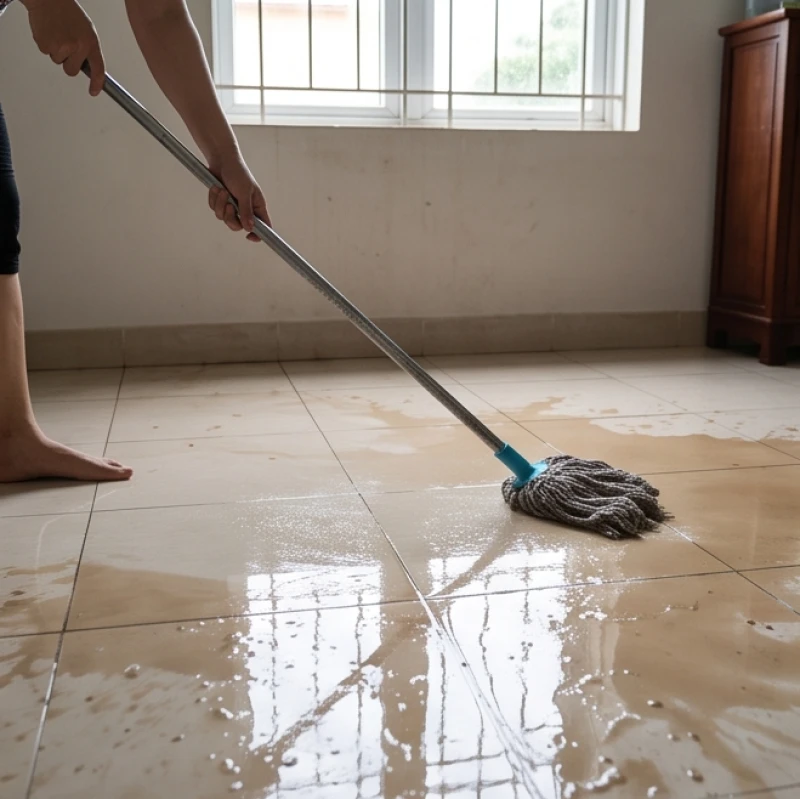 Gia chủ dọn dẹp dòng nước đục ngầu tràn vào nền nhà để tránh hao tài theo phong thủy