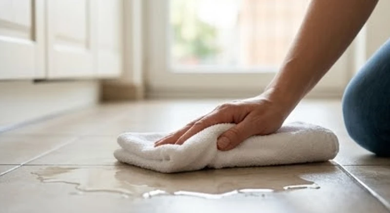 Dùng khăn bông mềm lau sạch vũng nước tinh khiết vừa tràn ra sàn nhà gạch men