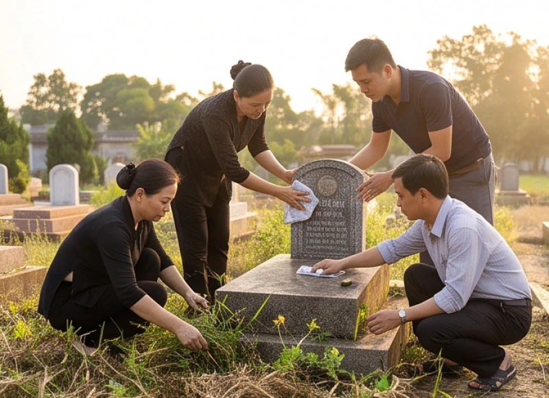 Gia đình đang dọn dẹp nhổ cỏ và lau chùi bia đá tại phần mộ trước khi đọc văn khấn tạ mộ cuối năm
