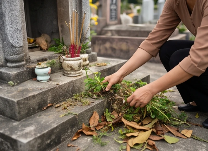Con cháu cẩn thận nhổ cỏ và đắp thêm đất mới cho nấm mộ tổ tiên thêm phần khang trang