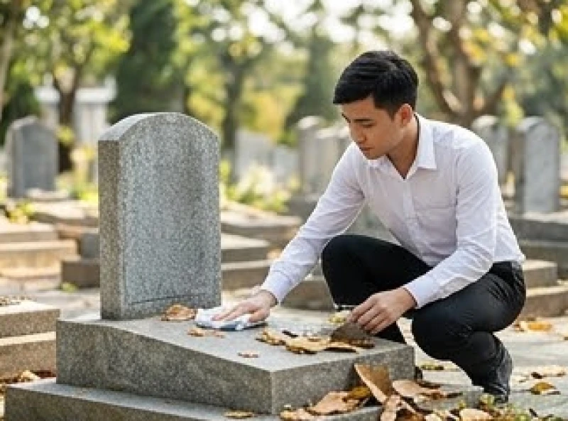 Văn khấn liệt sĩ chuẩn tâm linh: Cách sắm lễ và nghi thức cúng 10 Thanh niên tình nguyện cẩn thận dọn dẹp nhang tàn và lau chùi bia mộ tại nghĩa trang để giữ gìn không gian trang nghiêm